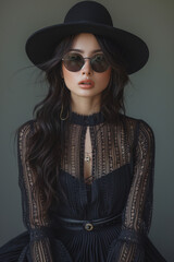 A striking portrait of a model wearing a black lace dress and round sunglasses, exuding confidence and mystery in an elegant setting.