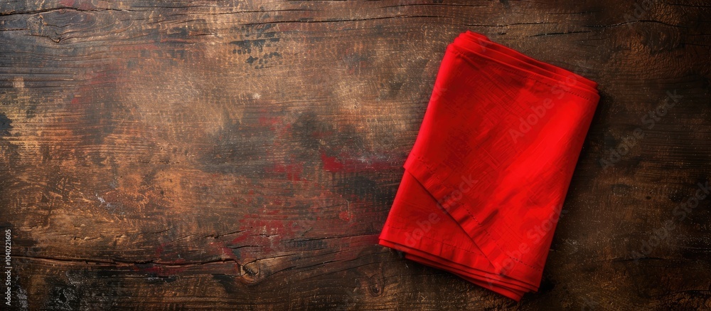 Poster red napkin displayed flat on a table isolated in a top view photo folded with a minimal style for a 