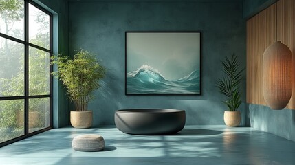 A serene interior space featuring a black tub, plants, and wave artwork for relaxation.