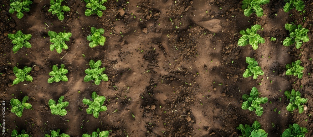 Poster vegetable crop seedlings arranged in neat rows on a field seen from a bird s eye view with ample spa