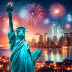 Obraz premium The Statue of Liberty with blurred background of cityscape with beautiful fireworks at night, Manhattan, New York City, USA.