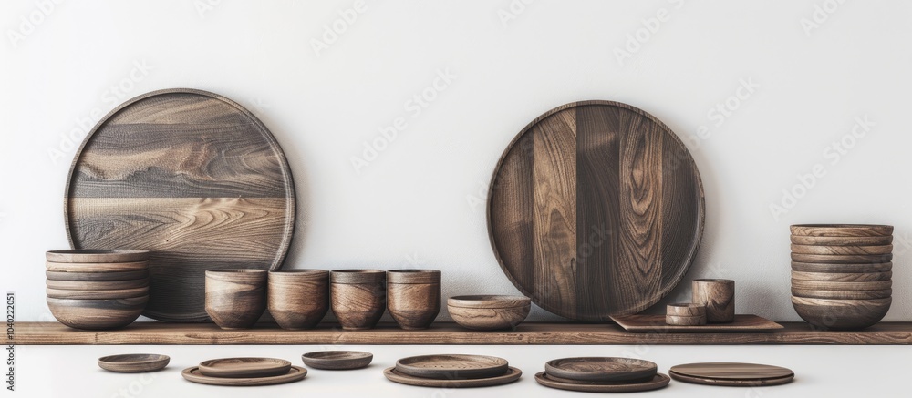 Poster wooden props trays and coasters displayed on a simple white backdrop in a copy space image
