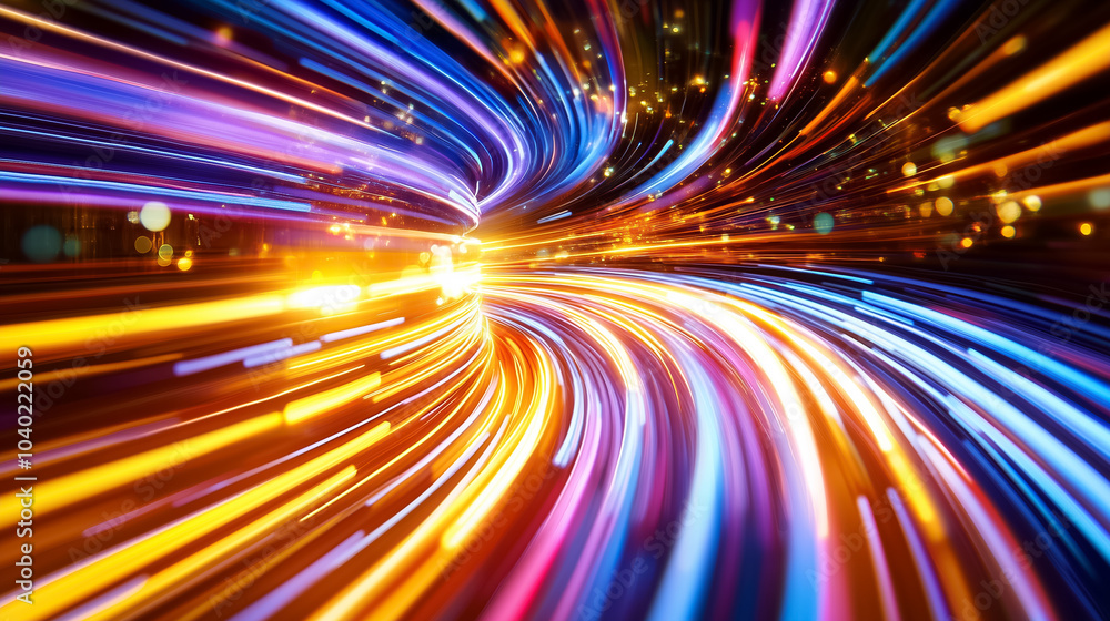 Poster bright light trails swirl together, representing fast-paced data transfer in a colorful, dynamic dis