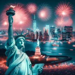 Fototapeta premium The Statue of Liberty with blurred background of cityscape with beautiful fireworks at night, Manhattan, New York City, USA.