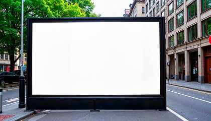 Fototapeta premium Empty street banner mockup PSD template on sidewalk with copy space for advertising in urban area