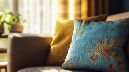 Cozy Closeup of a Pillow on a Sofa in Warmly Lit Living Room