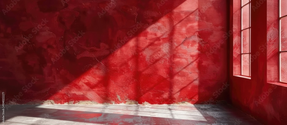 Poster red background with wall cement interior for text and product display complete with shadows from win