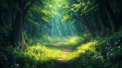Enchanting Digital Painting of a Lush Green Forest with Sunlight Filtering Through the Trees