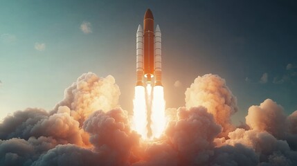 3D Rendering of Rocket Model Launching into Space with Clouds of Smoke