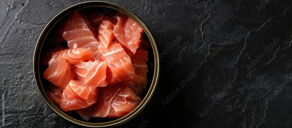 Poster top view of opened can containing preserved tuna fillet meat against a black background with ample c
