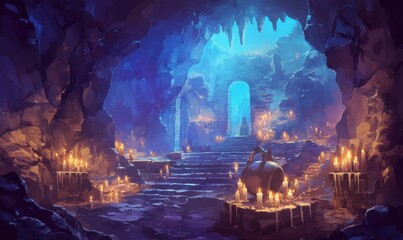 Mystical Cave with Candles and Ancient Ruins