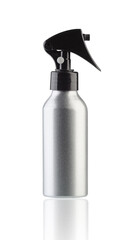 Professional silver pearlescent bottle for hair spraying when cutting isolated on white