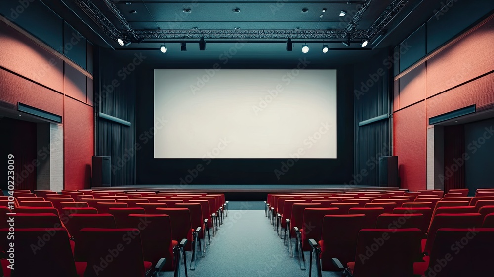 Poster empty modern conference hall with a large projector screen and space for copy