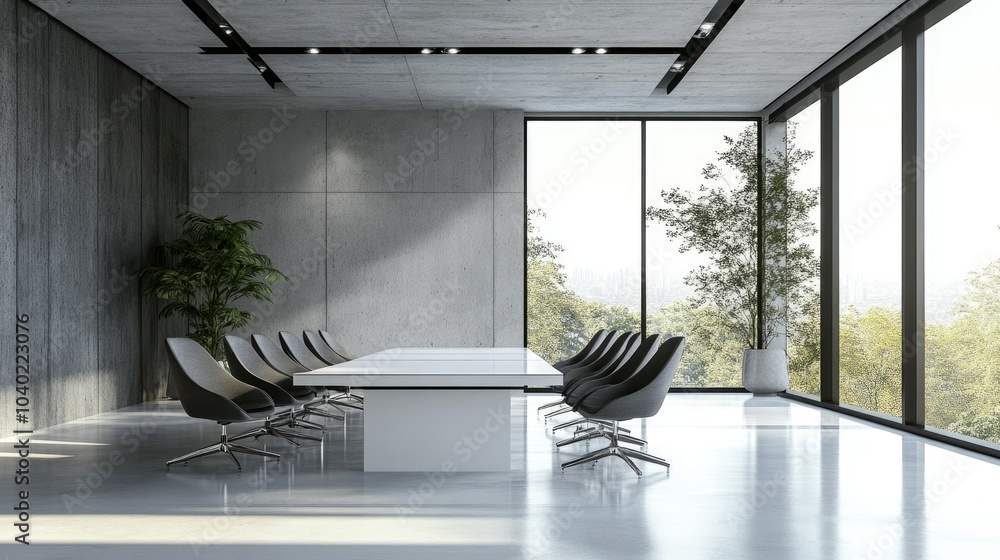 Poster empty modern conference room with large windows and sleek furniture, ideal for adding text or brandi
