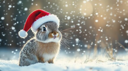 Fototapeta premium A small rabbit wearing a red santa hat is sitting in the snow
