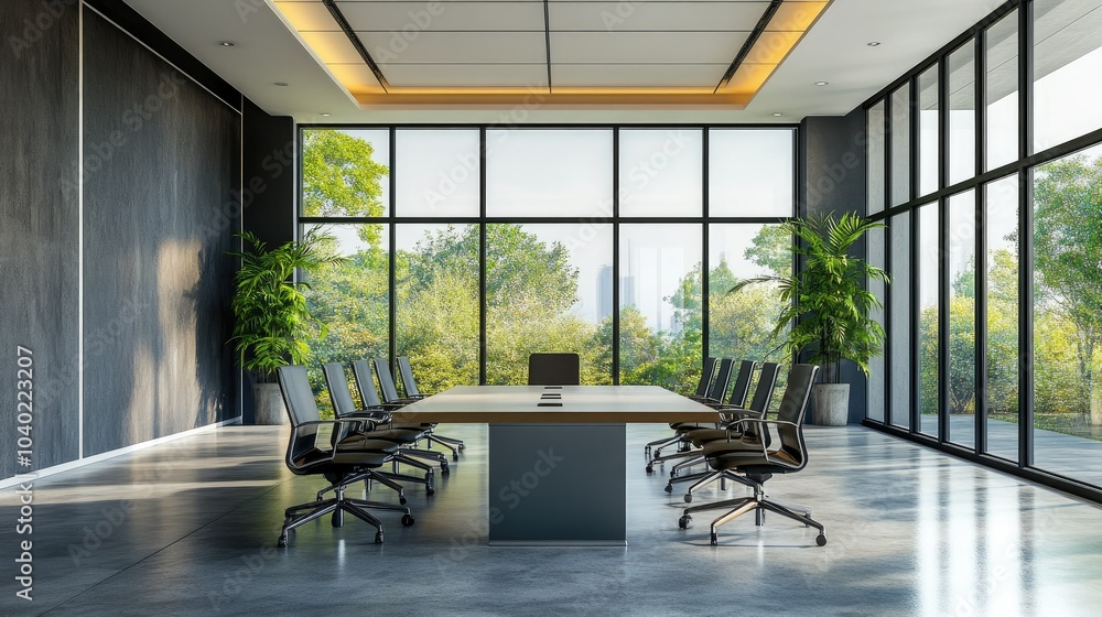 Poster empty modern conference room with large windows and sleek furniture, ideal for adding text or brandi