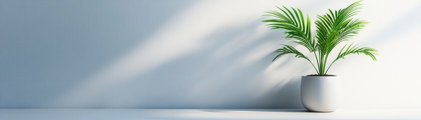 Fototapeta premium Green palm plant in a white pot with soft shadows on a minimalist background