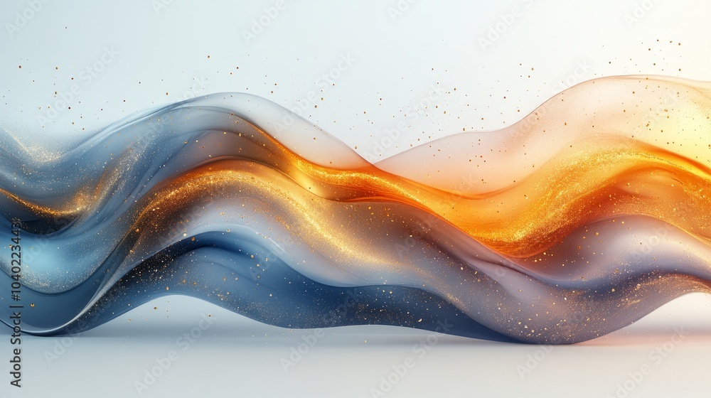 Poster a flowing abstract design featuring blue and orange waves with sparkling elements.