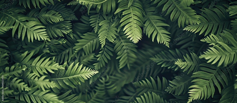 Poster green fern leaves of the polypodiophyta growing in the forest between trees or in a park during summ