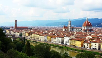 Obraz premium Vibrant Cityscape with Historic Architecture and River