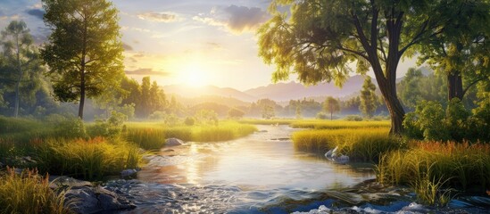 Fototapeta premium Copy space image showcasing the serene beauty of a lush summer landscape with a verdant forest flowing river and scenic panoramic view