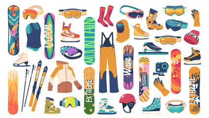 Set of Snow Sport Gear Collection Featuring Snowboards, Skis And Accessories For Winter Activities Perfect For Sports