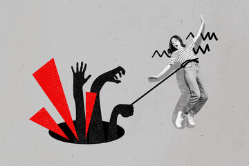 Composite photo collage of scared panic girl catch bullying trap string pressure abuse hater...