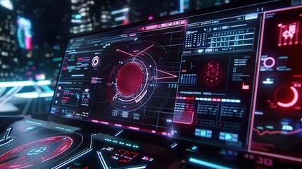 Fototapeta premium Modern Network Security Interface: Intricate Cyber Defenses, Encrypted Data Streams, Neon Cityscape Backdrop
