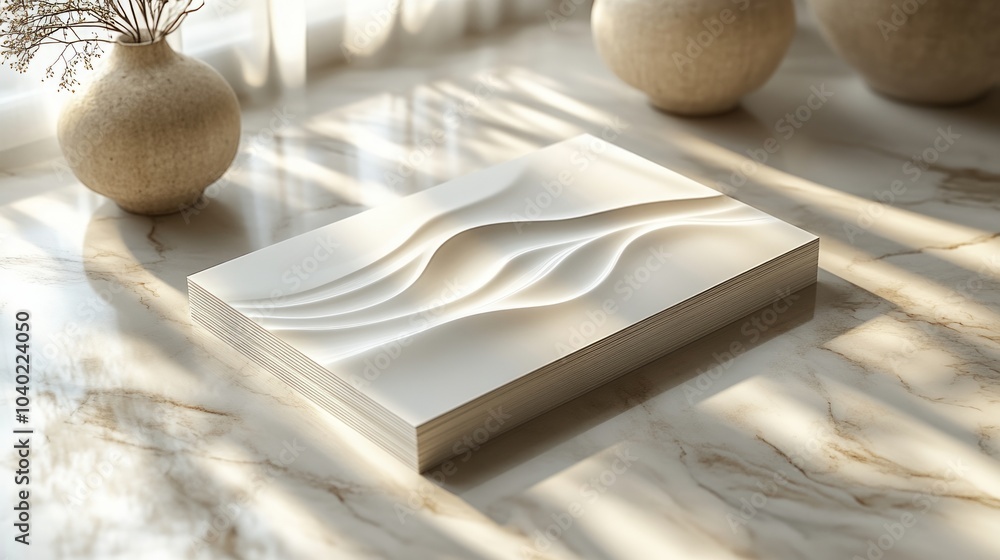 Poster a minimalist design featuring a textured white surface on a marble table with soft lighting.