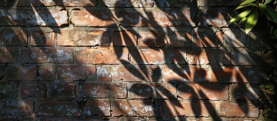 High quality photo of long sharp leaves casting shadows on a brick surface in the morning sun with ample copy space image