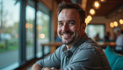 Obraz premium Smiling young man sitting casually in a coffee shop with a warm and inviting atmosphere