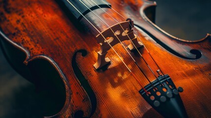 A violin with a black bow is shown in a close up