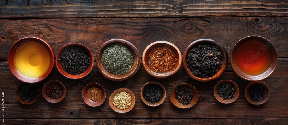 Aufkleber wooden bowls filled with an assortment of teas arranged in a flat lay composition ideal for adding t