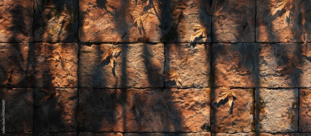 Poster high quality photo of long sharp leaves casting shadows on a brick surface in the morning sun with a