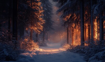 Fototapeta premium Enchanted Winter Forest with Warm Sunset Glow