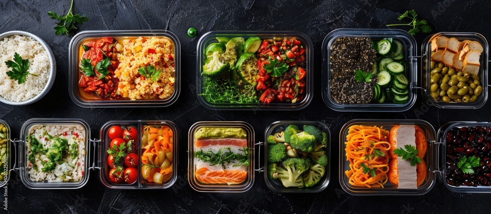 Poster glass containers with various healthy meals arranged neatly on a black table in a flat lay compositi