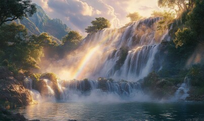 Fototapeta premium Ethereal Waterfall with Rainbow Amidst Lush Nature