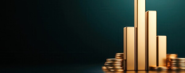 Obraz premium Golden graph bars rising against a dark backdrop, symbolizing financial growth and success, glowing highlights