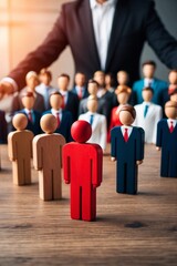 Conceptual image of leadership, teamwork and teambuilding. Businessman standing in front of a group of people.
