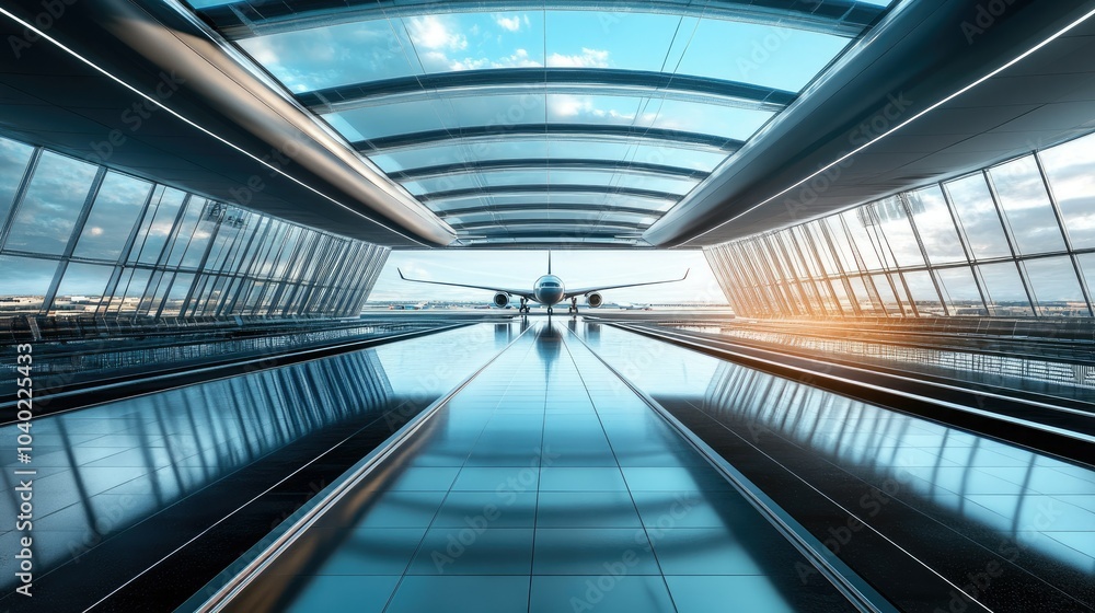 Poster futuristic modern airport terminal with sleek architecture and ample space for copy