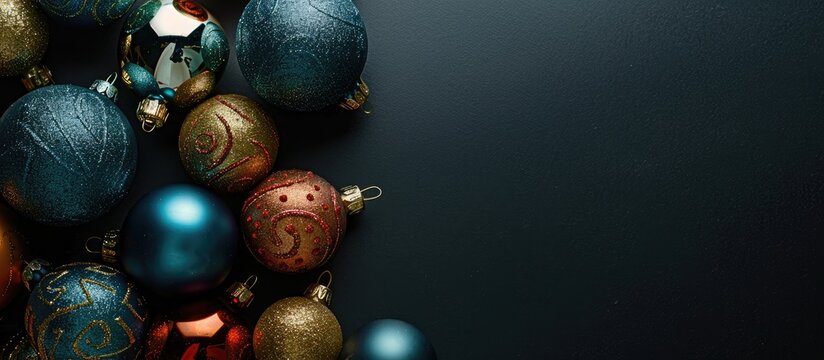 View from above of Christmas ornaments with a black background providing room for text in the image. Copy space image. Place for adding text and design