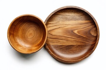 Rustic Wooden Plate and Bowl Night Photography on White Background for Culinary and Home Decor Use