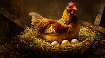 A hen sitting comfortably in a nest, surrounded by soft straw and a few eggs.