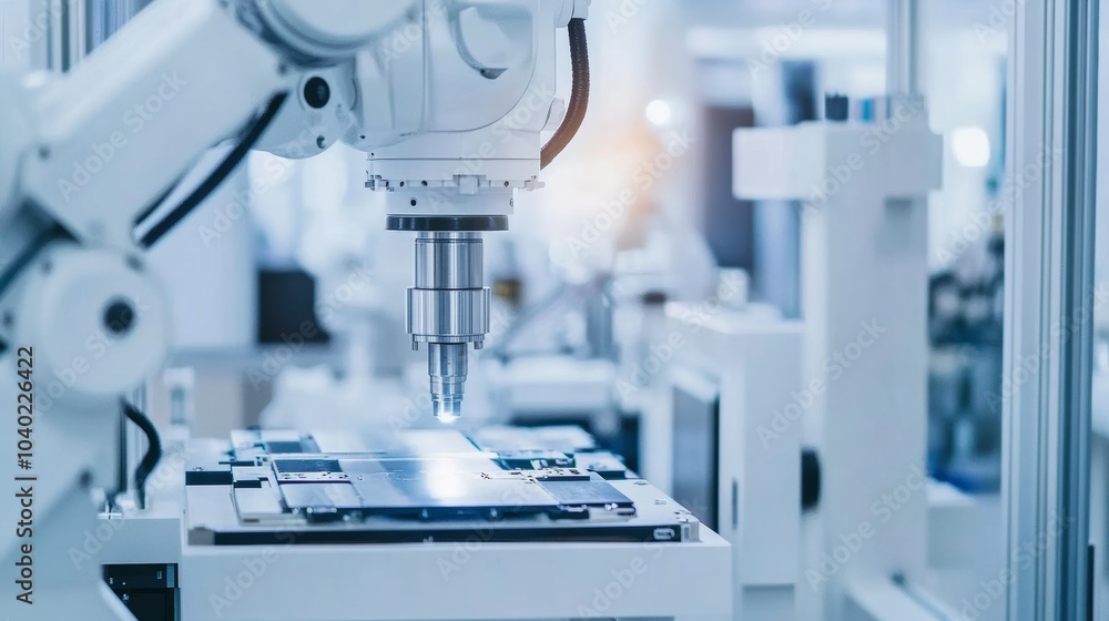Aufkleber A robot performing automated semiconductor testing in a high-tech semiconductor lab with clean, organized testing stations and advanced semiconductor testing equipment