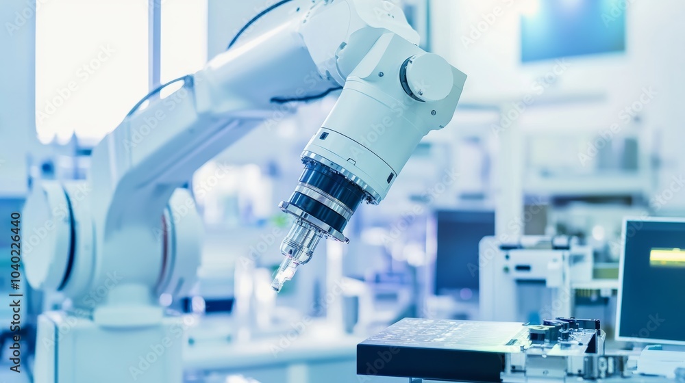 Poster A robot performing automated semiconductor testing in a high-tech semiconductor lab with clean, organized testing stations and advanced semiconductor testing equipment