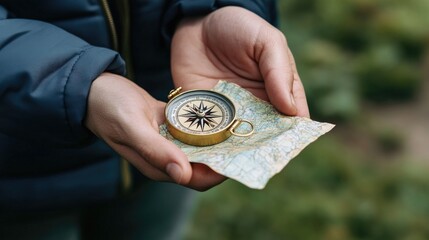 Person Holding Compass and Map Outdoors