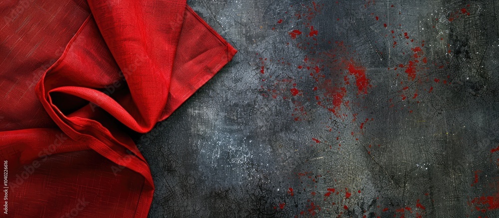 Poster top down perspective of a red kitchen napkin placed on a table featuring an empty space for text or 