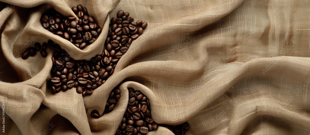 Poster brown linen fabric with coffee beans adds texture to the background for a flat lay image with a top 