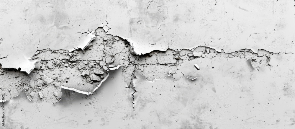 Poster white concrete wall with cracks and a grey cement surface serves as a backdrop for a copy space imag