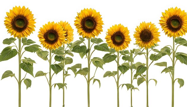 A collection of sunflowers fully visible with long stems and green leaves standing upright against a bright background
